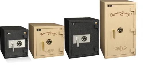 A lineup of American Security (AMSEC) safes in sizes for home and business