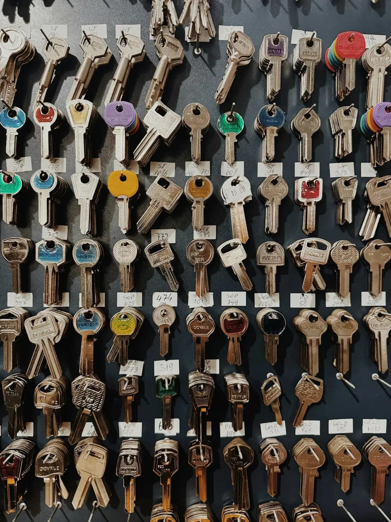 A wall of cut key blanks for master-key and commercial systems