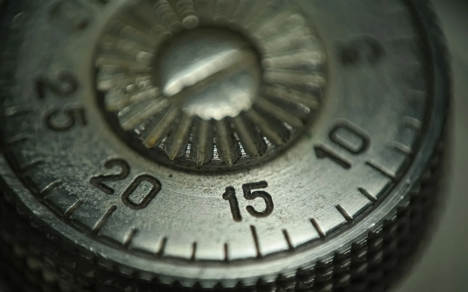 Close-up of a steel safe combination dial